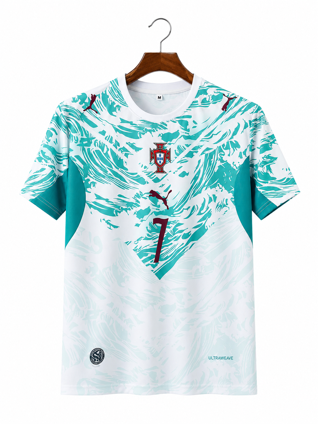 Portugal 2024 Away Jersey – Cristiano Ronaldo #7 – White & Teal – Round Neck – Half Sleeve