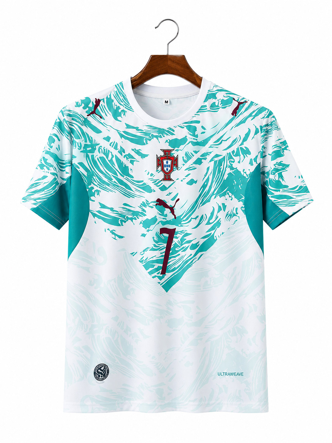 Portugal 2024 Away Jersey – Cristiano Ronaldo #7 – White & Teal – Round Neck – Half Sleeve