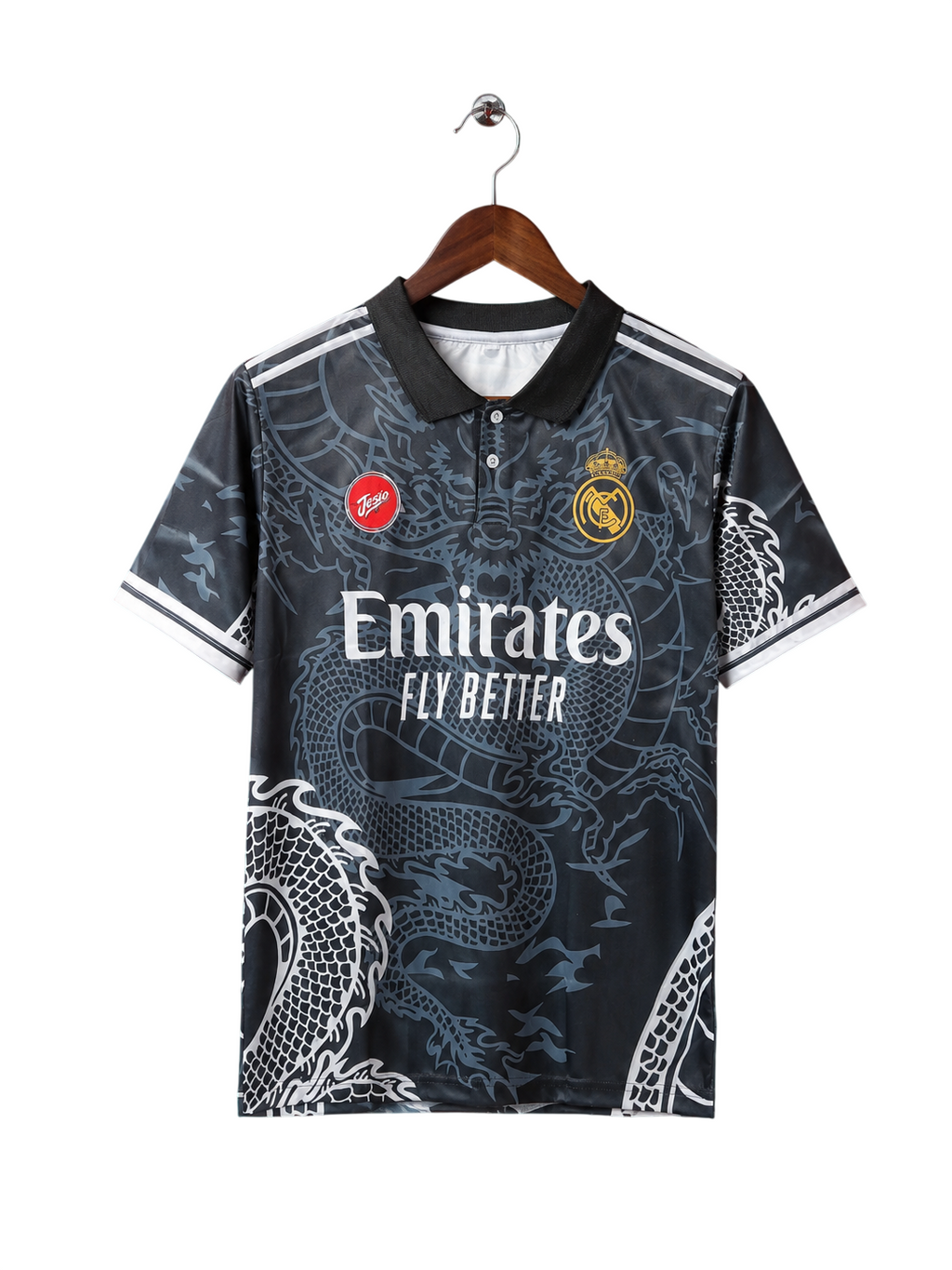 Real Madrid Dragon Print Black Polo Jersey – Retro Half Sleeve Edition
